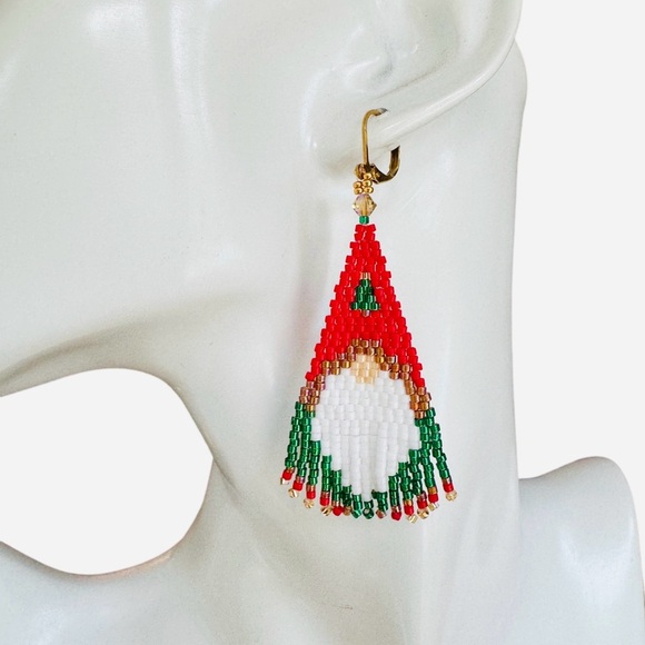 Festive Hand Crafted Gnome Earrings with Christmas Tree Motif Lever Back Closure - Picture 3 of 4